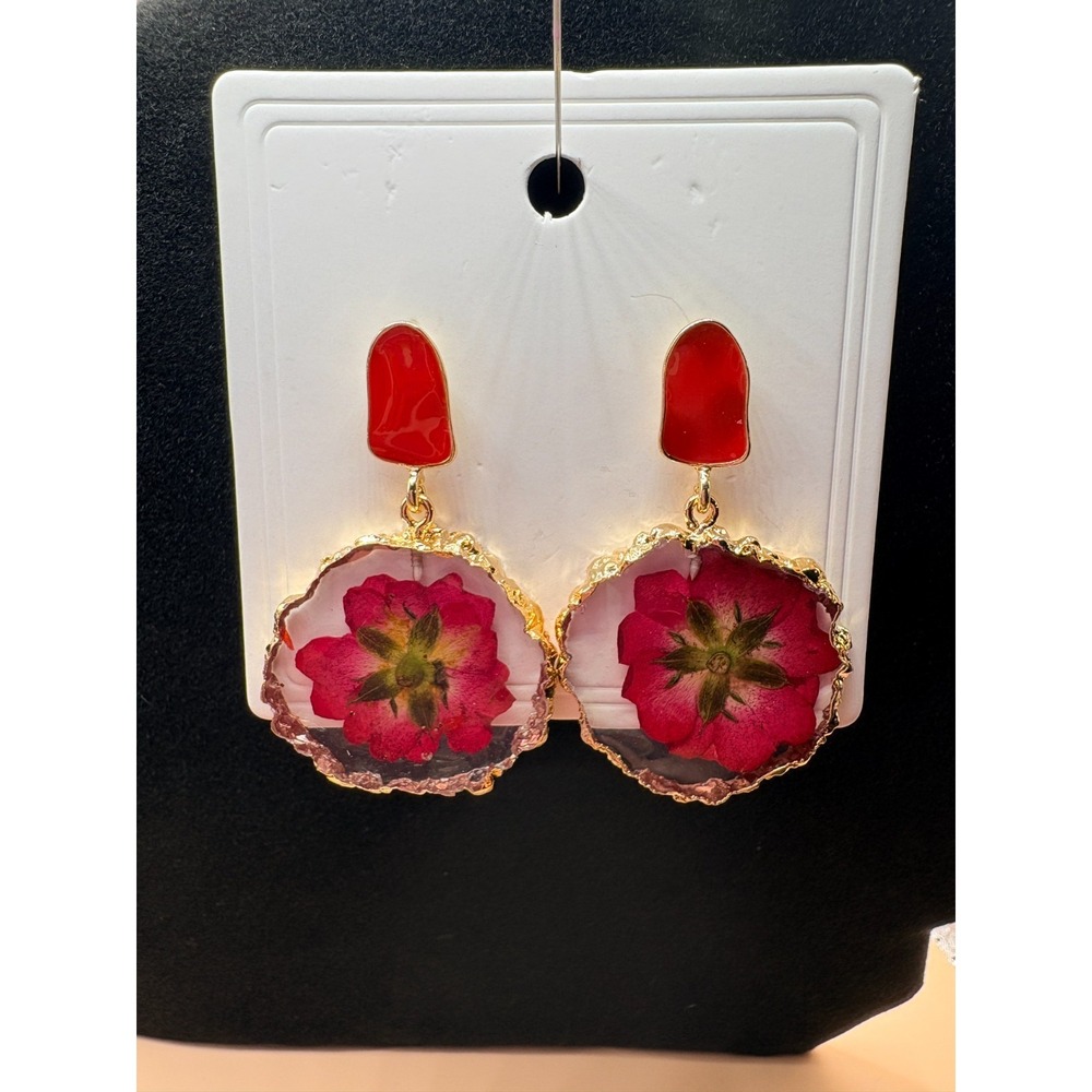 Red Post Earrings with Dried Red‎ Flower Encased in Resin